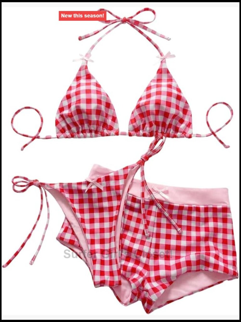Gingham Bow String Bikini Set with Beach Shorts (No Color)